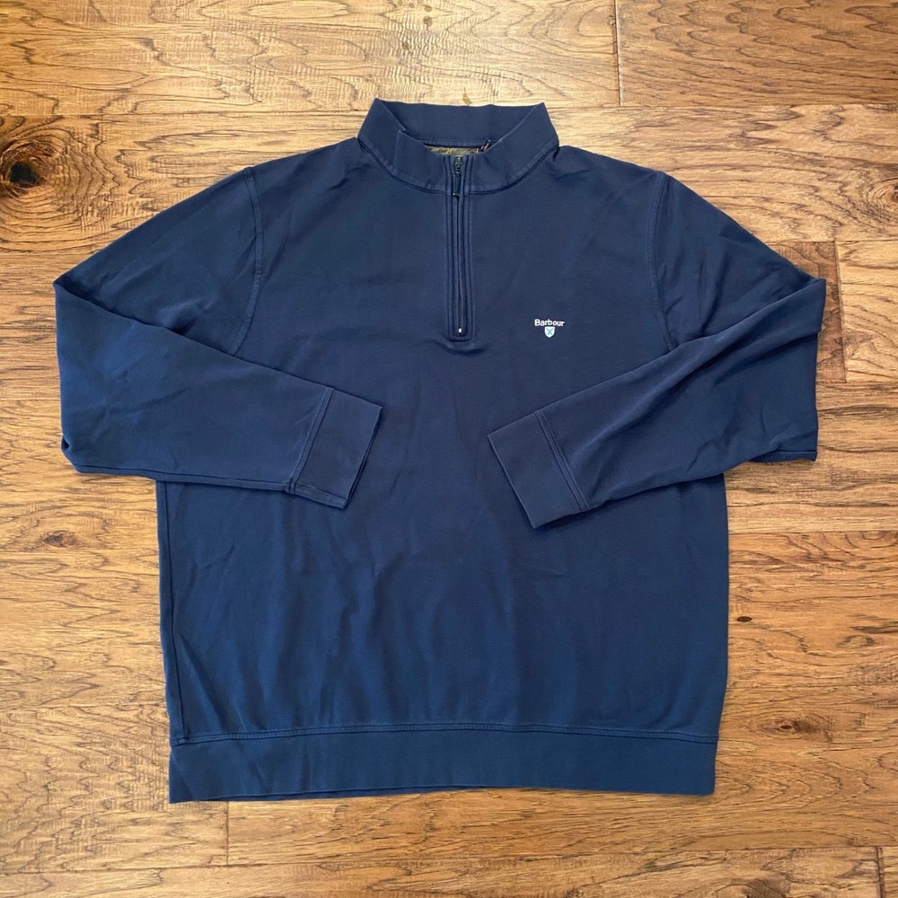 Barbour Quarter Zip Pullover Men XXL Navy Blue Tartan Trim Sweatshirt